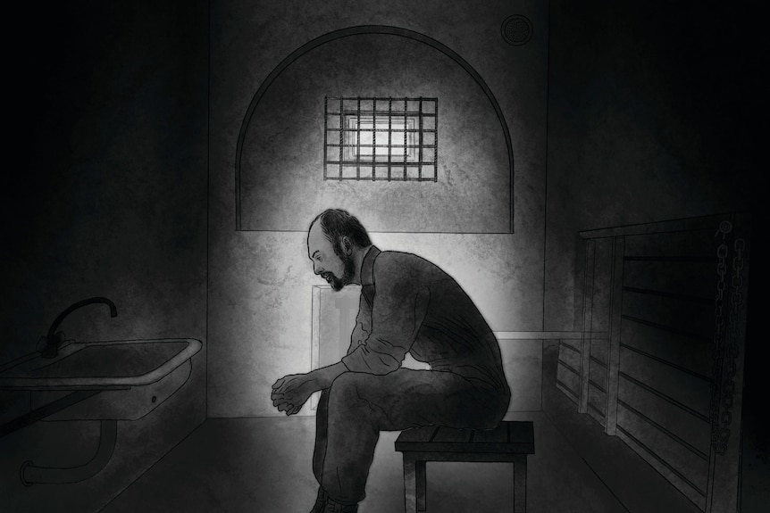 An illustration of a male prisoner sitting in a Russian cell.