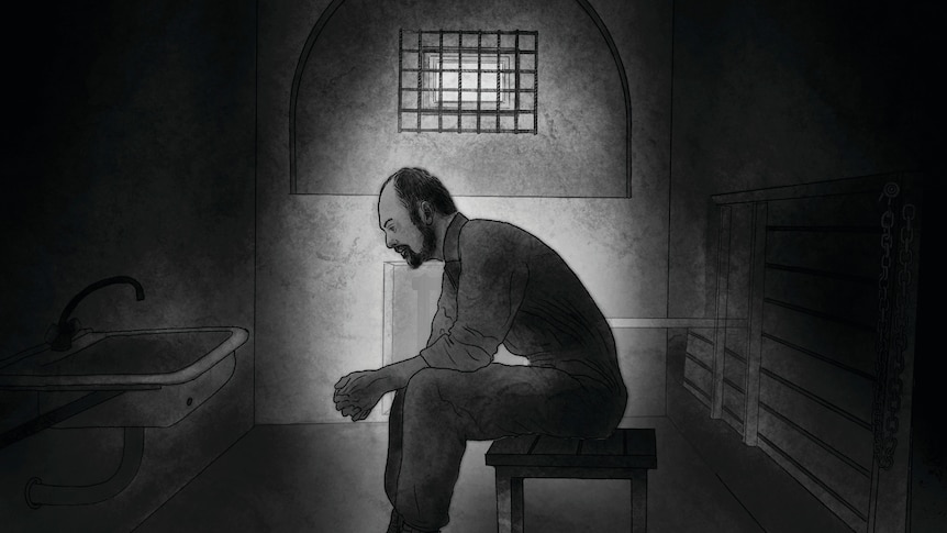 An illustration of a male prisoner sitting in a Russian cell.