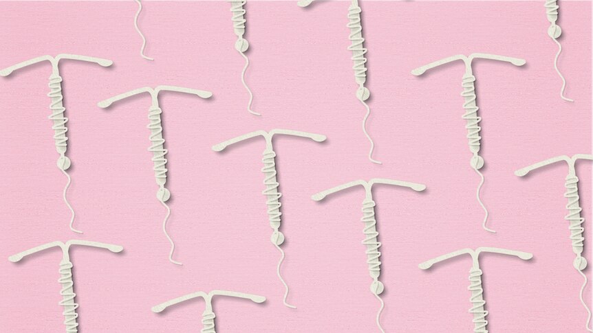 Illustration of multiple IUDs on a pink textured background