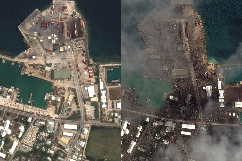 Two satellite images of main port facilities Nuku'alofa Tonga. One is clear and the other is grey with volcanic ash in the air.