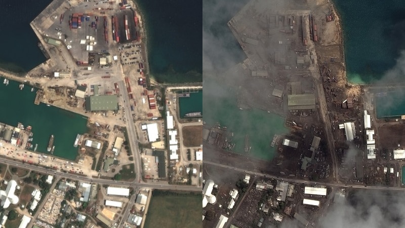 Two satellite images of main port facilities Nuku'alofa Tonga. One is clear and the other is grey with volcanic ash in the air.