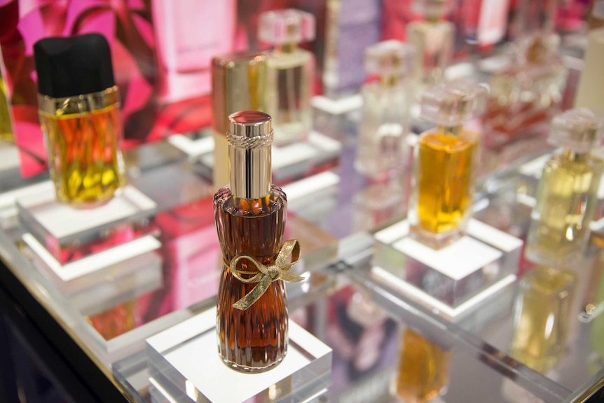 Perfume on display in a department store.