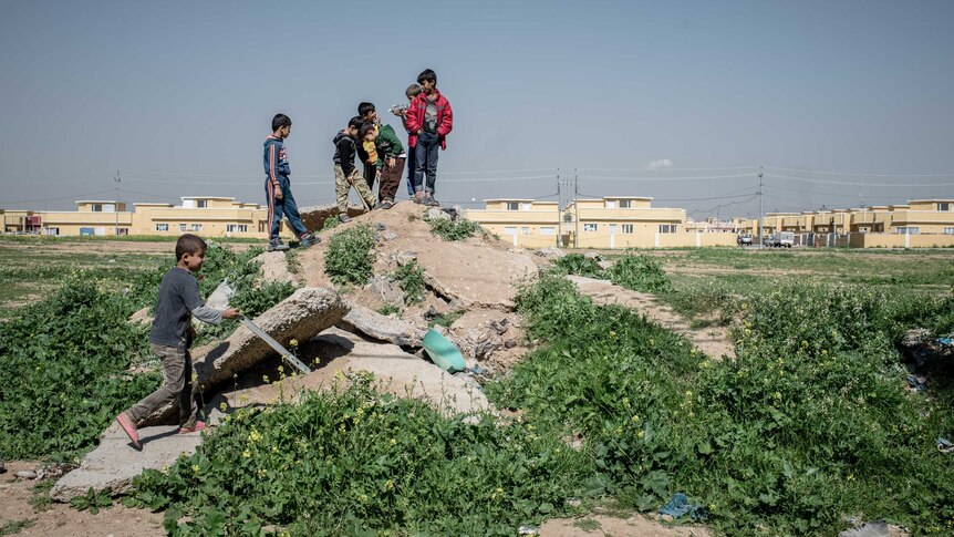 Boys play outside a settlement in the Kurdistan region of Iraq