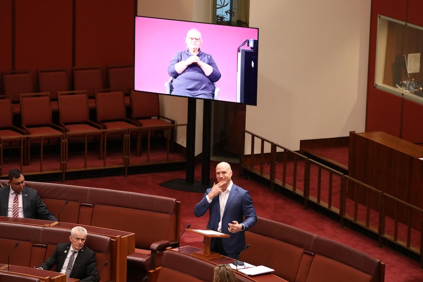 Auslan interpreter Mandy Dolejsi on a screen behind David Pocock as he uses Auslan in the Senate.