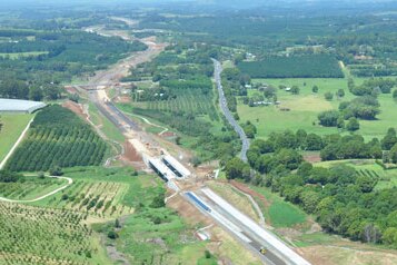 Aerial view of construction work on the Tintenbar to Ewingsdale Pacific Highway upgrade