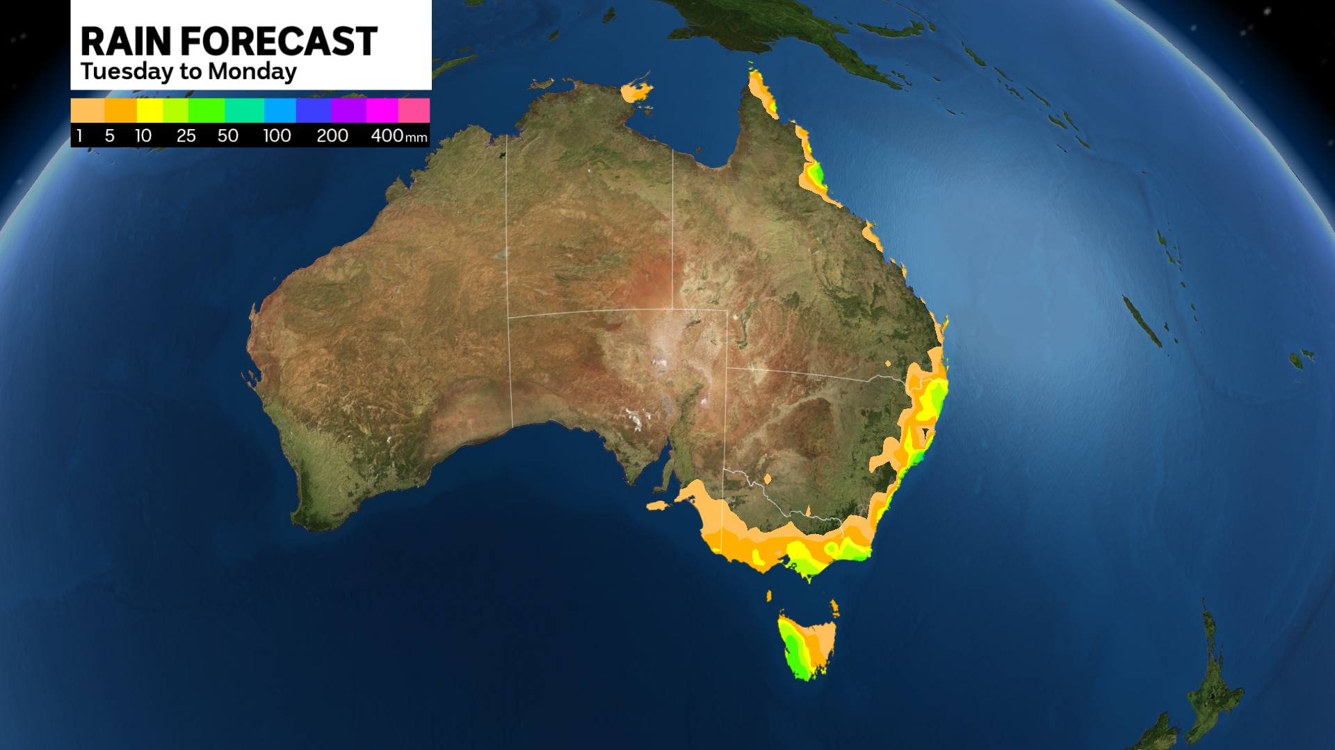 a weather map of australia showing that no significant rainfall is predicted across much of southern Australia
