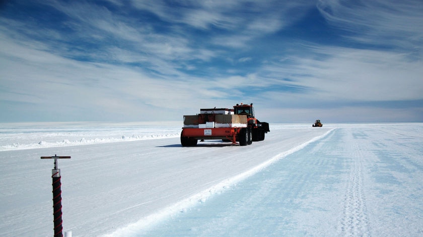 The Blue Ice runway as it is being proof rolled in near the Casey base in Antarctica.