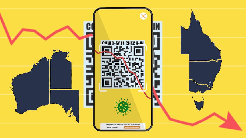 A yellow graphic of a mobile with Australia split in two on either side.