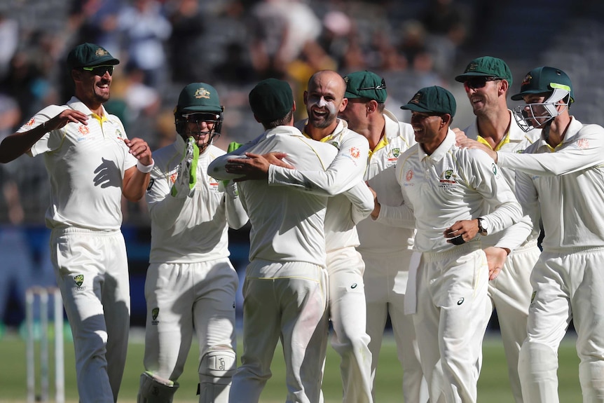 Nathan Lyon celebrates wicket with teammates