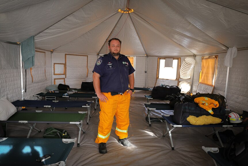 Daniel Gaul from Lansdowne Rural Fire Service inside tent