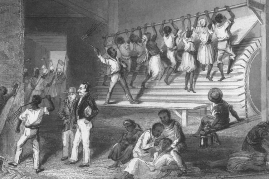 A black and white cartoon showing people being whipped while men look on