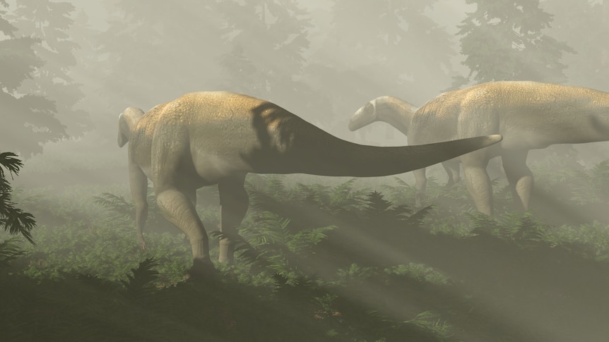 Illustration of two dinosaurs walking through fog