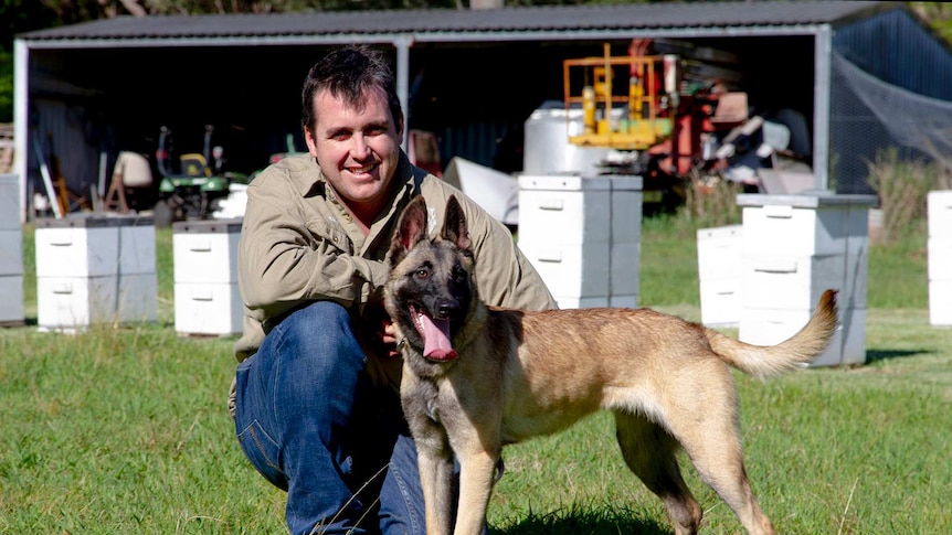 A man and his dog pose for a photograph in front of a row of honey bee hives.