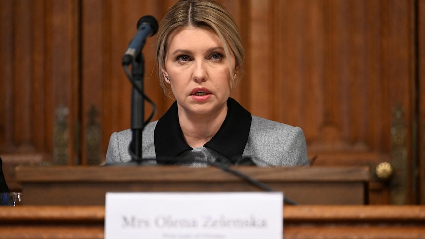 Olena Zelenska addresses British lawmakers in London.
