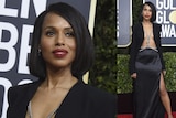 A composite image of Kerry Washington wearing a suit jacket over a silk skirt held up by glitter beading.