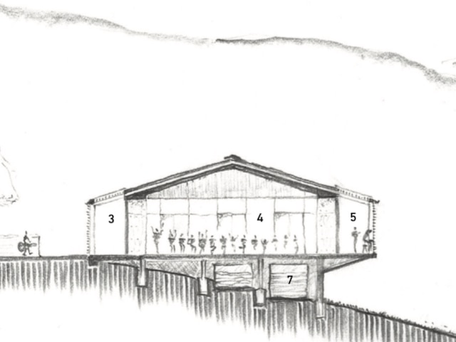 Architect's drawing of a proposed fire shelter, in pencil.