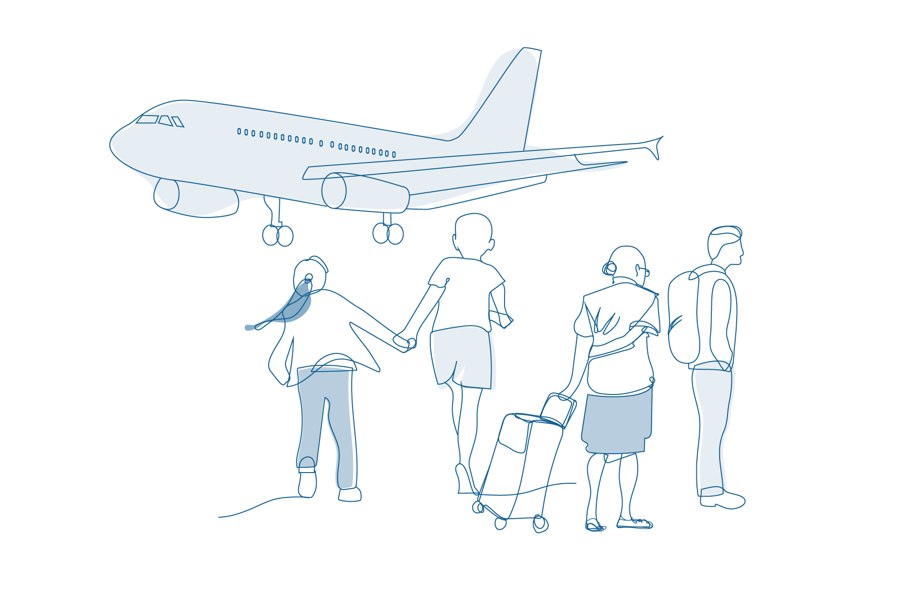 Line drawing of people waiting for airplane.
