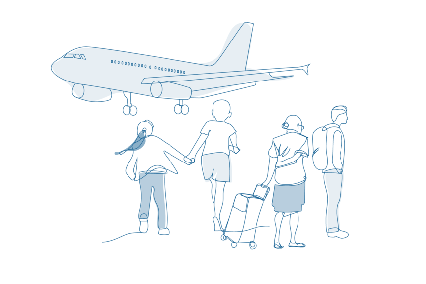 Line drawing of people waiting for airplane.