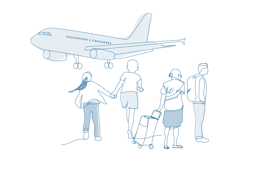 Line drawing of people waiting for aeroplane.