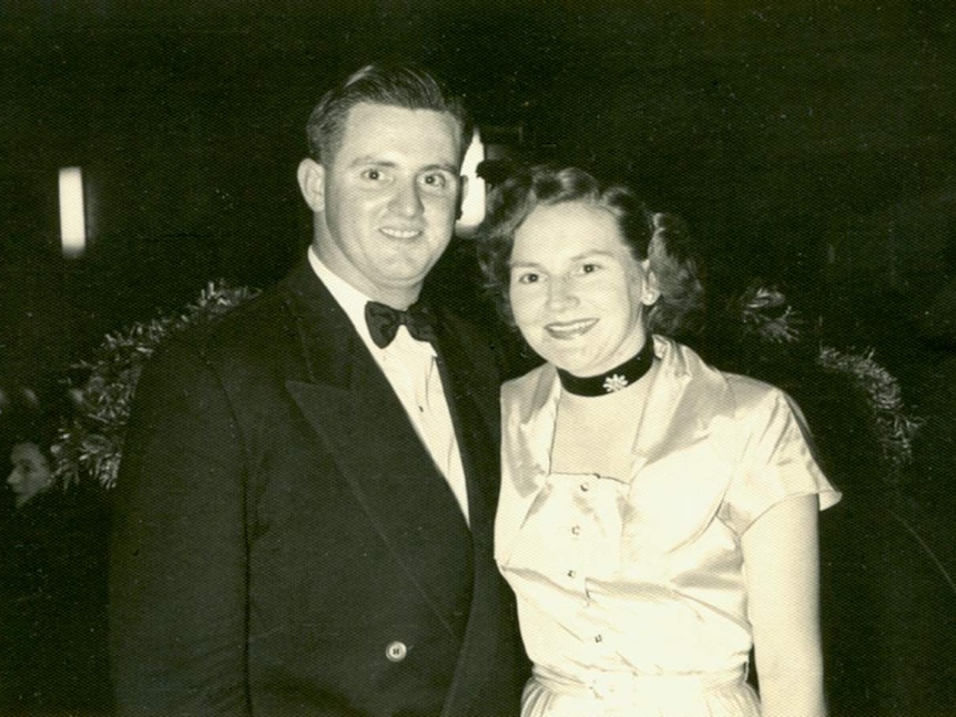 A black and white photo of Dudley and Joan Doherty, in formal clothes