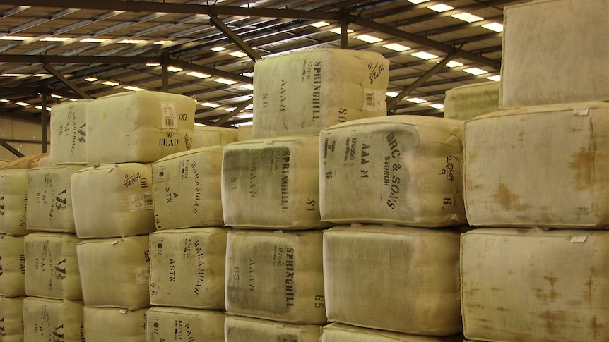 Wool bales in Roberts Limited Western Junction store in Tasmania