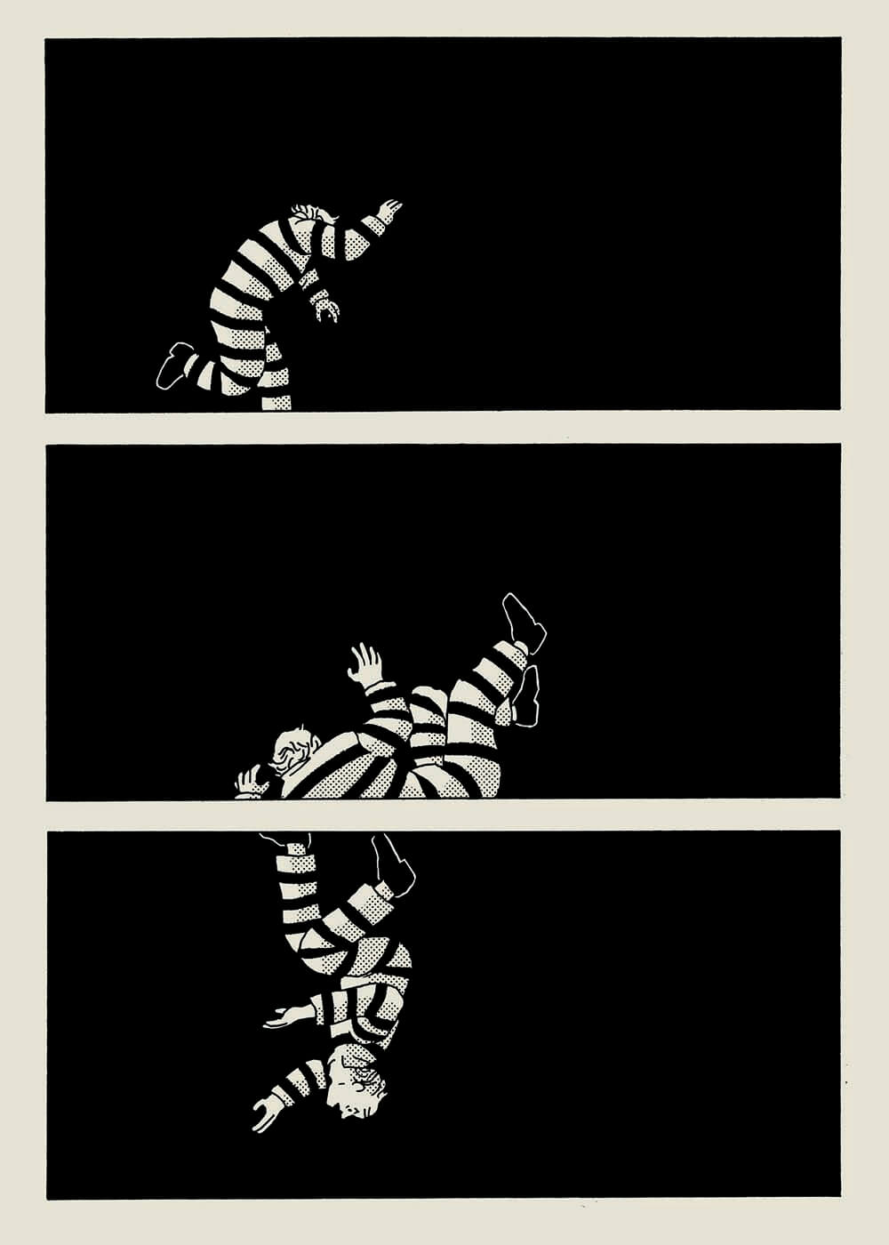 Three horizontal panels show a black and white illustration of a man in striped prisoner outfit falling on black background.