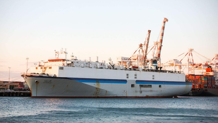 A livestock ship docked at Fremantle Port.