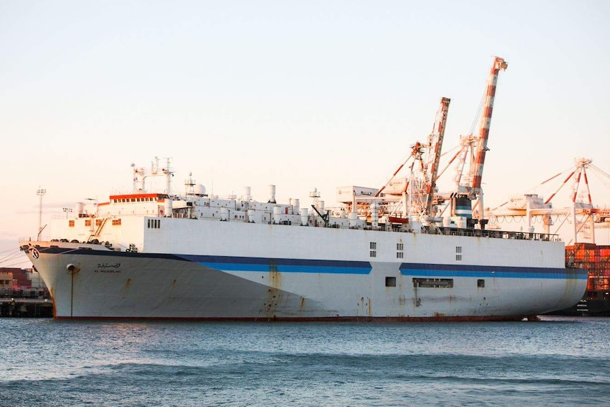 A livestock ship docked at Fremantle Port.