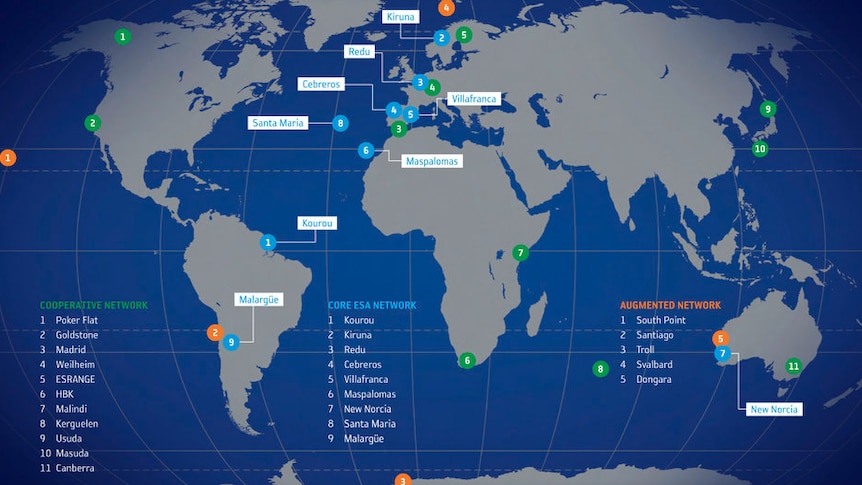 Map showing locations of ESA Tracking (Estrack) stations as of January 2016