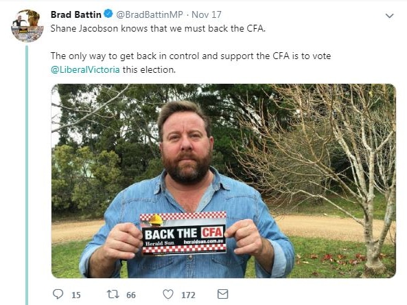 Brad Battin tweets that Shane Jacobson knows to 'back the CFA', with an image of Jacobson holding a pro-CFA card.