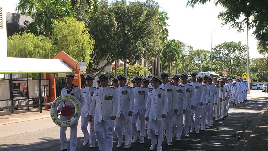 Australian Navy personnel marching through Darwin for Anzac Day 2017.