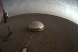 A small silver dome-shaped seismometer is seen from above on the red dirt of Mars