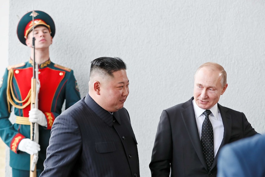 Vladimir Putin and North Korea's Kim Jong-un meet for the first time