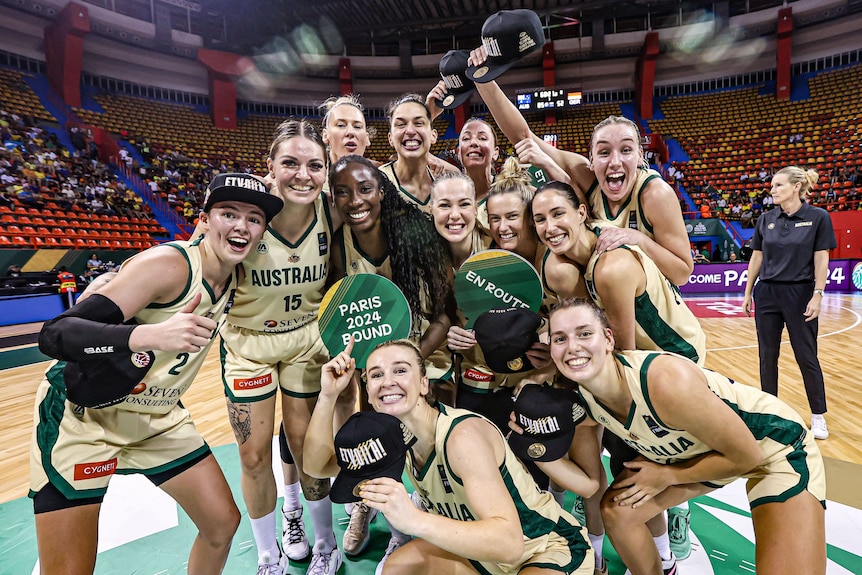 The Opals celebrate qualifying for the Paris Olympics.