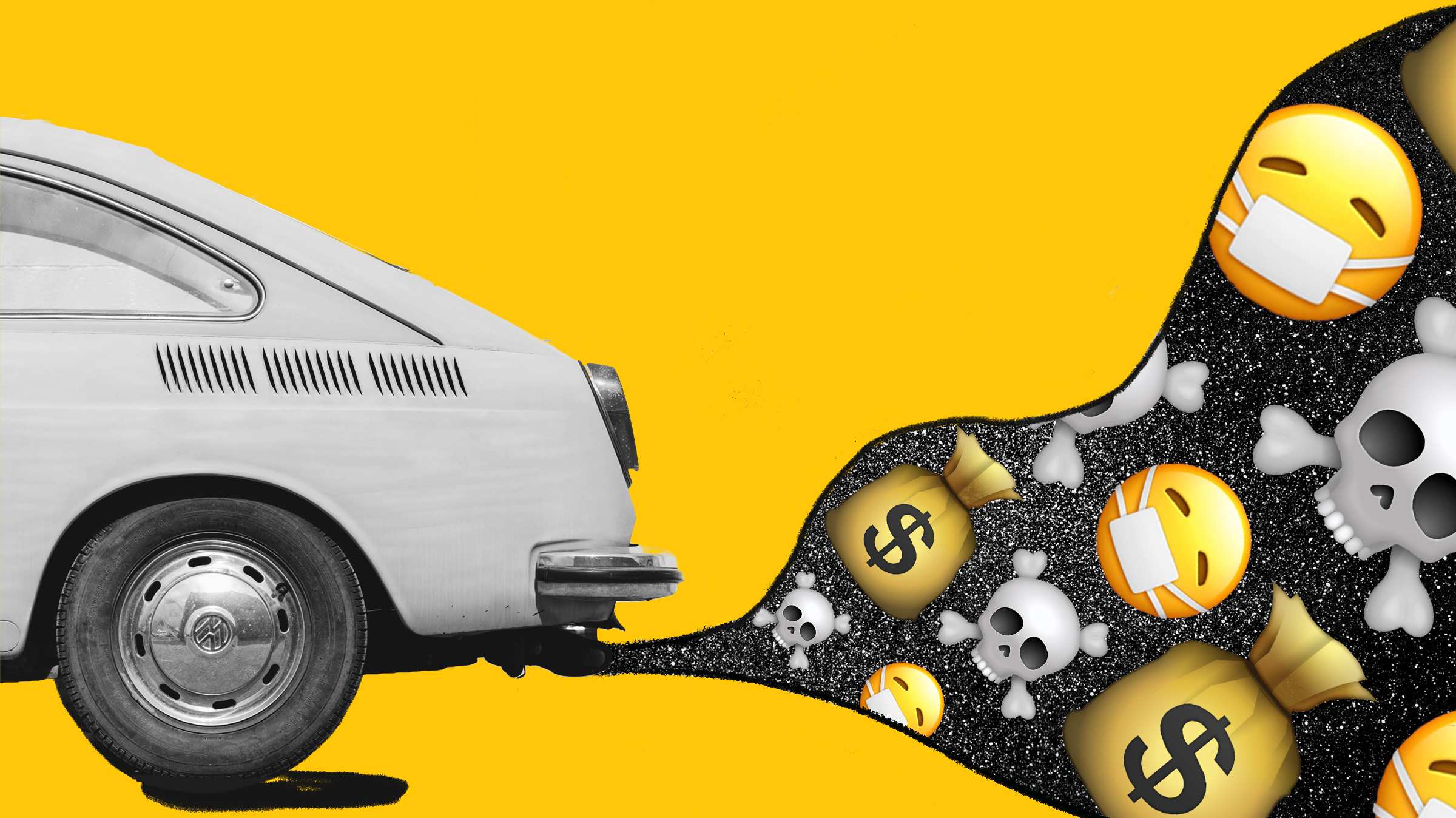 An illustration shows a car emitting emojis, for a story about ways drivers can save money and help the environment.