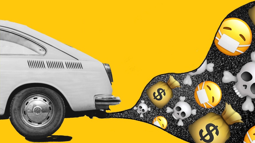 An illustration shows a car emitting emojis, for a story about ways drivers can save money and help the environment.