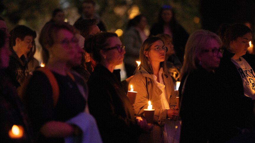 A crowd of people gathered in a park for a candlelight vigil.