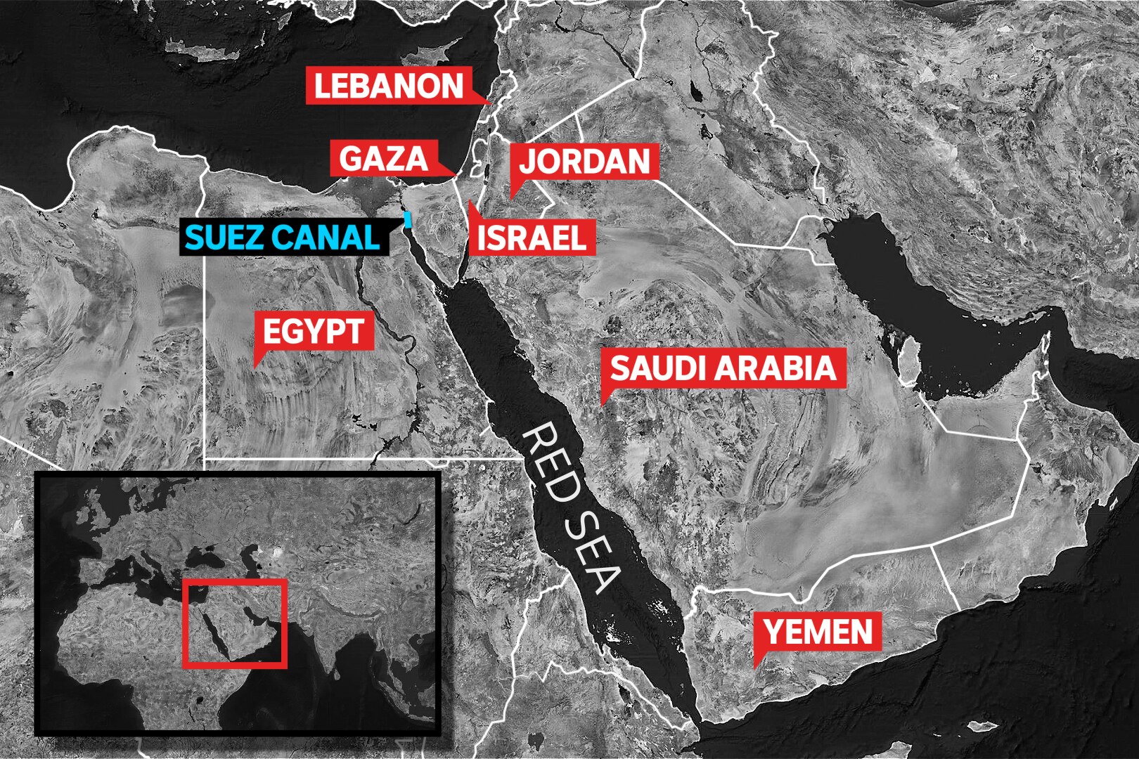 A map showing the Red Sea, Suez Canal and surrounding countries. 