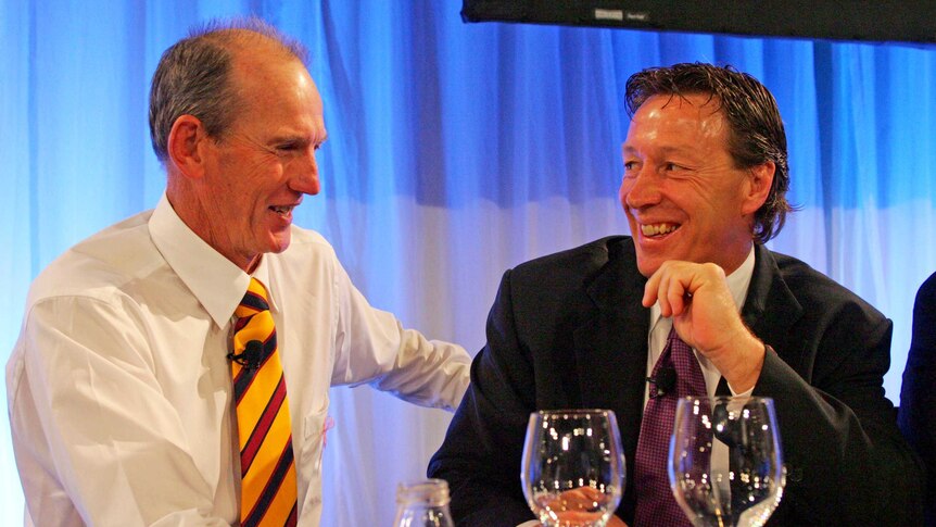 Wayne Bennett and Craig Bellamy share a laugh at the 2006 NRL grand final breakfast.