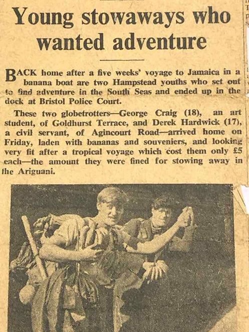 Newspaper clipping about George Craig and his friend being caught stowing away on a banana boat.