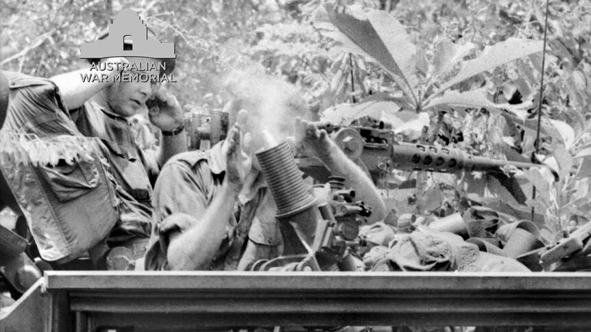 6RAR troops fire an APC-mounted mortar during a sweep after the Battle of Long Tan
