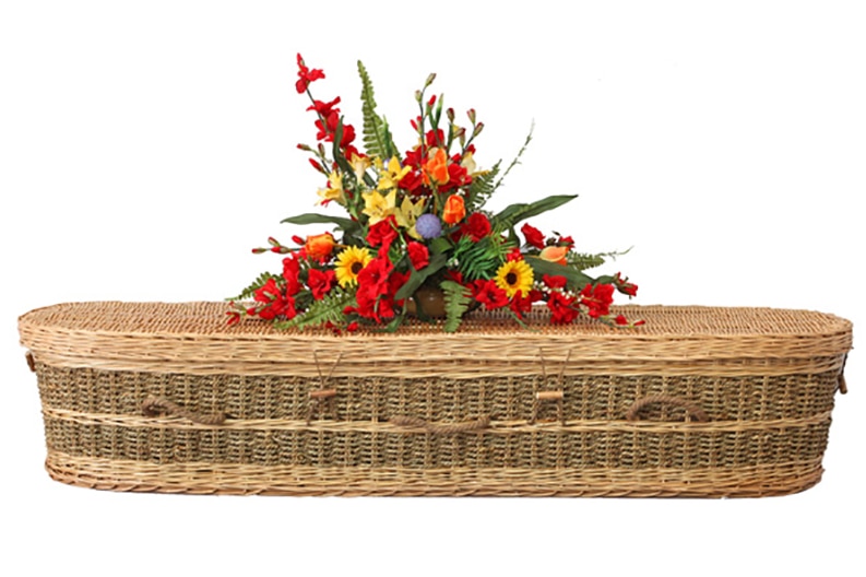 A wicker funeral casket