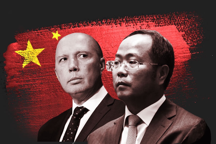Peter Dutton and Huang Xiangmo with a Chinese flag illustration behind them.