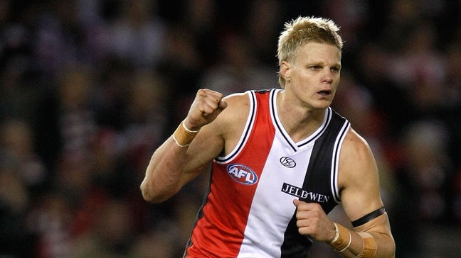 St Kilda's Nick Riewoldt celebrates a goal against the Western Bulldogs.