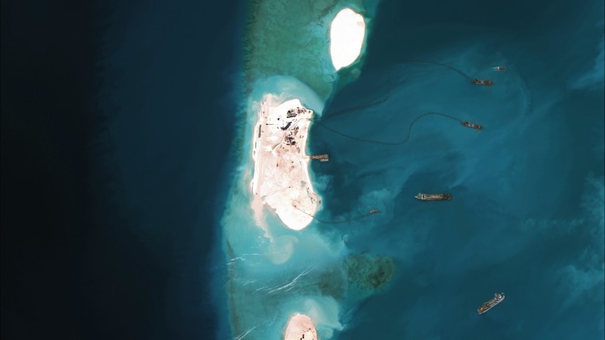 A satellite image from 2016 of Chinese vessels at Mischief Reef.