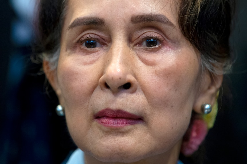 A close-up file photo of Myanmar's leader Aung San Suu Kyi dated December 2019.
