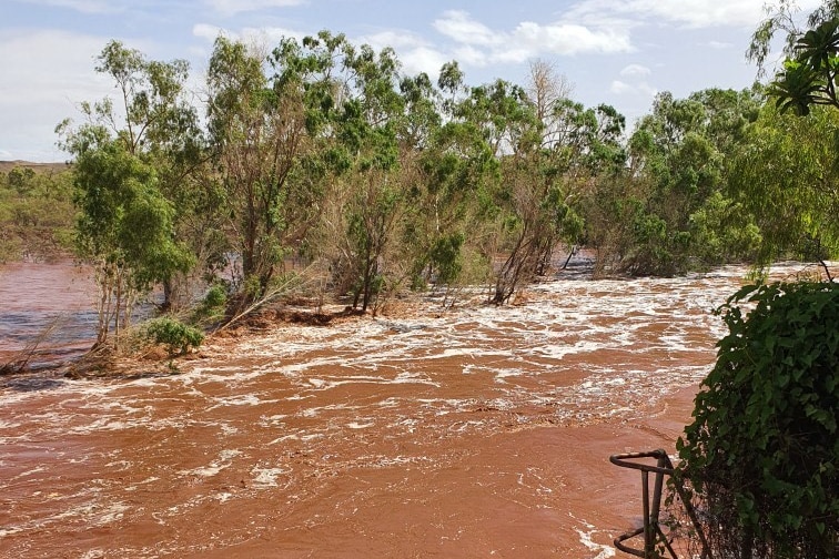 A muddy river gushes with overflowing brown water.