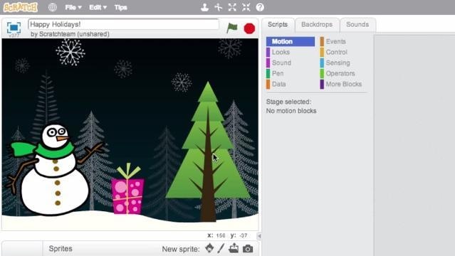 Scratch edit window shows image of snowman and tree