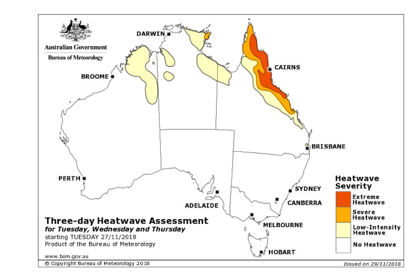 Map of Australia with RED and orange over the north Queensland coast indicating extreme and severe heatwave