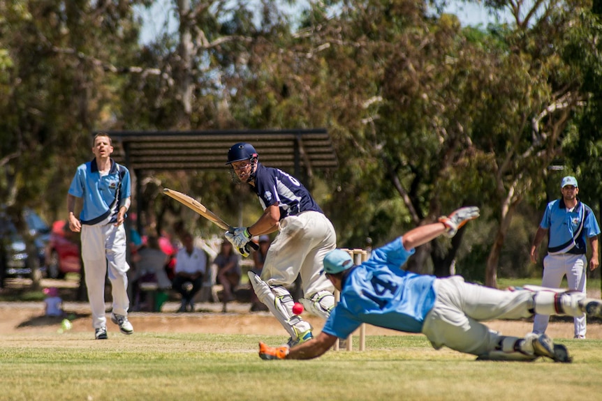 A man dives to catch a cricket ball on a sunny field while the batter prepares to run.